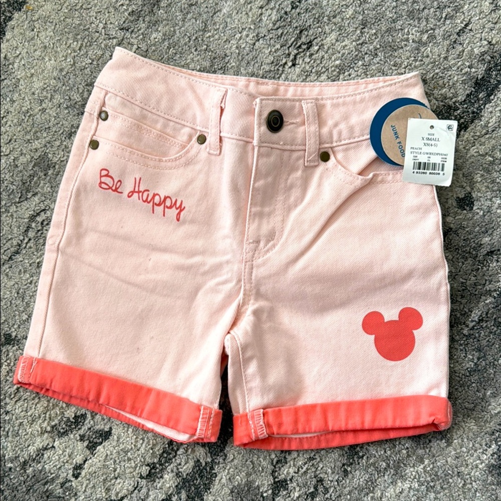 DISNEY PINK BE HAPPY MICKEY MOUSE JUNK FOOD GIRLS JEAN DENIM SHORTS